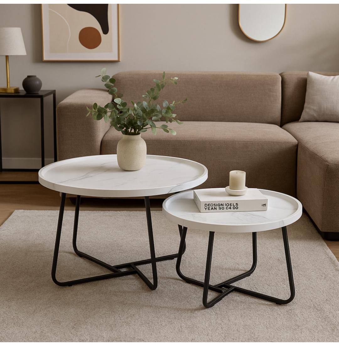 Two-piece nesting table set suitable for use as a coffee table, side table, bedside table, or plant stand.
