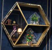 Gold hexagon wall mirror with built in display shelves measuring 68 × 58 cm, ideal for modern home décor and decorative storage.