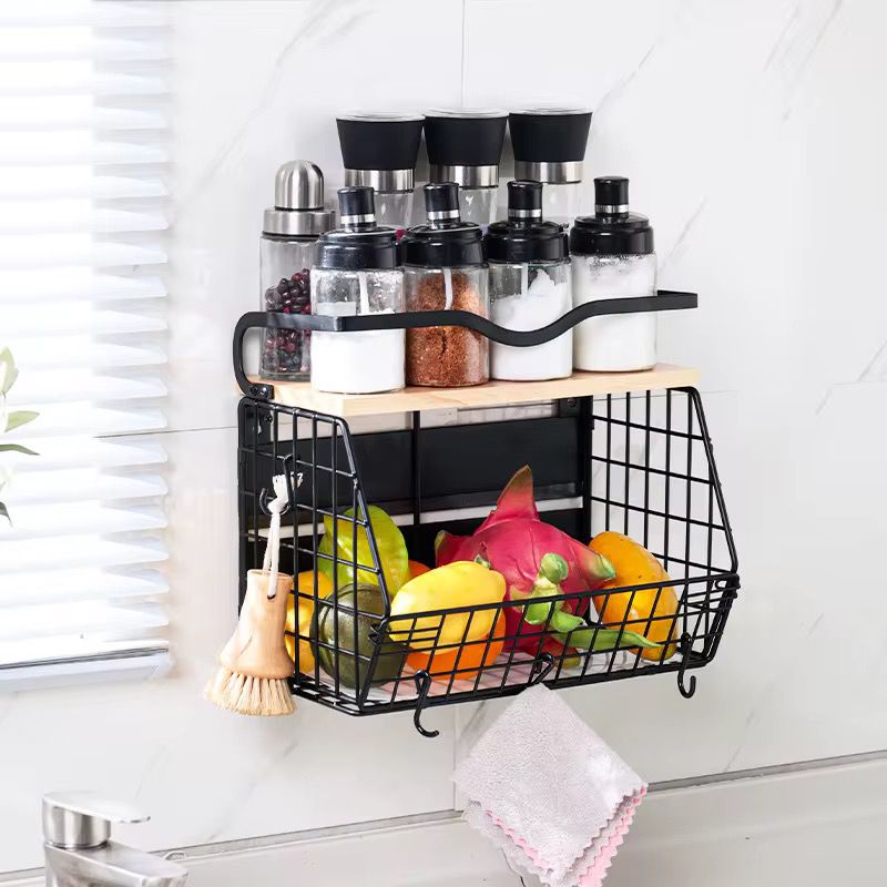 Magnetic stainless steel wire storage basket with wooden shelf