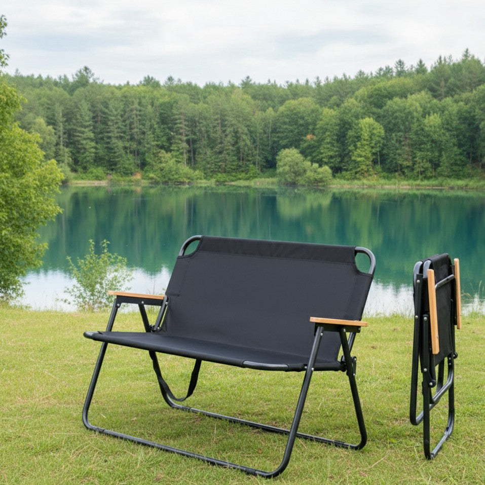 Double Seat Portable Camping Chair With Wooden Armrest