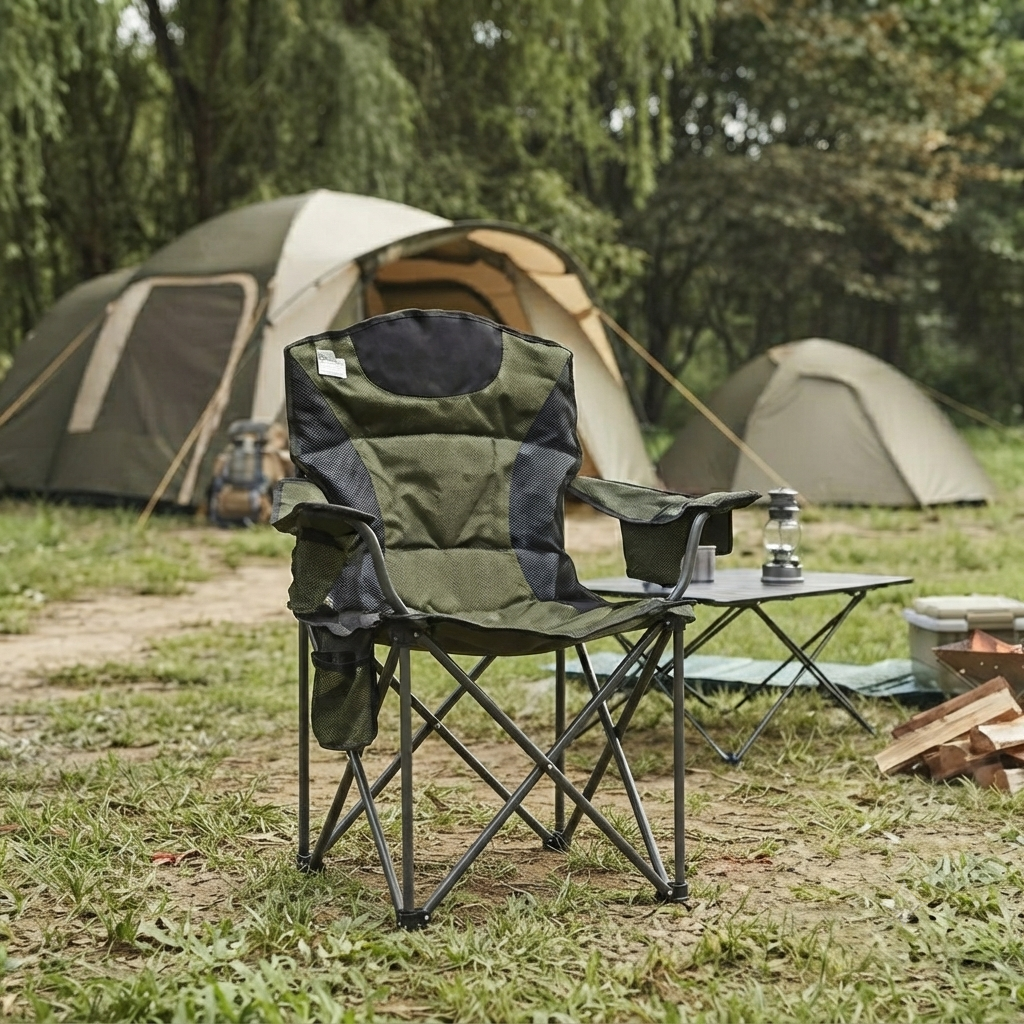 Portable heavy duty foldable camping chair with armrests, side pockets and carrier bag