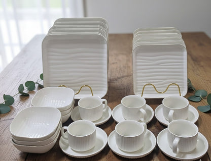 30-piece square rippled dinner set with plates, bowls, saucers, and 250ml mugs for six people