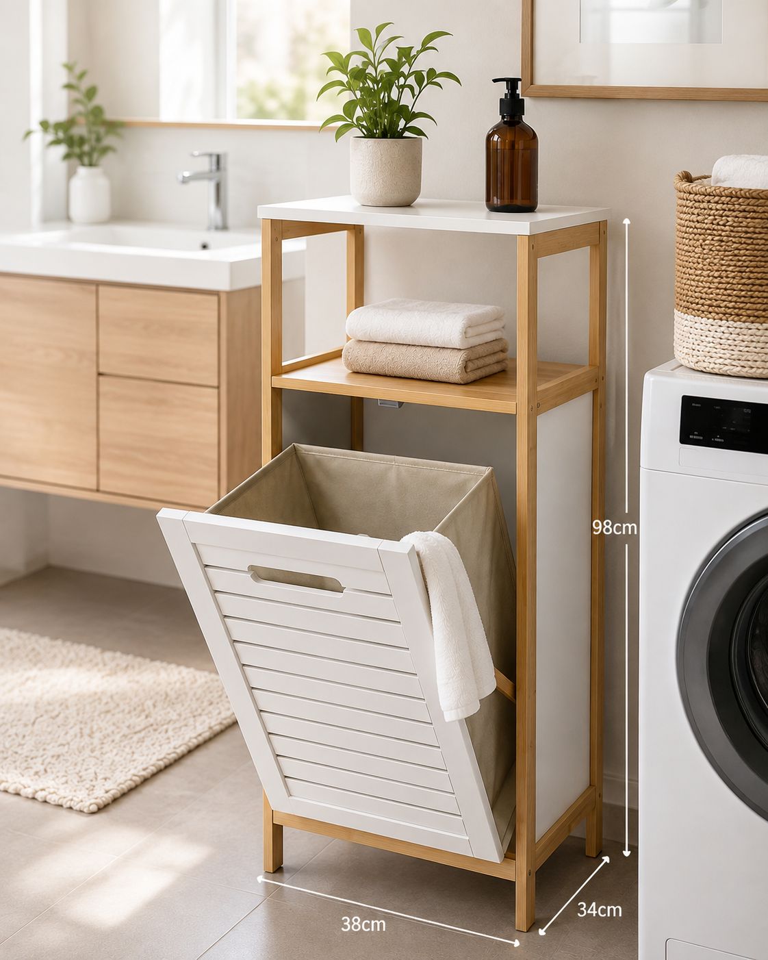 98 × 34 × 38cm Bamboo Multifunctional Laundry and Storage Cabinet