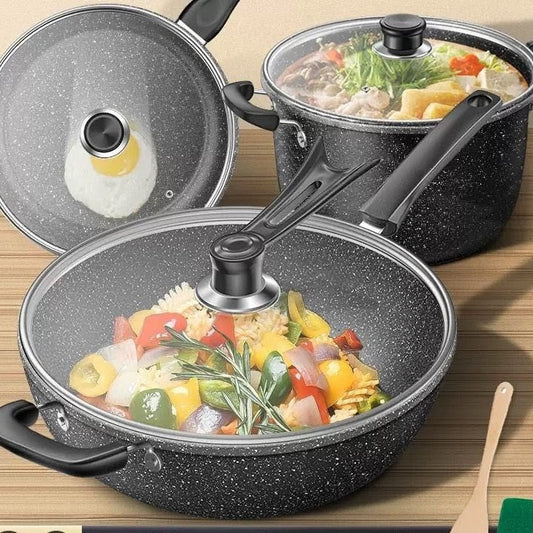 Non stick stone coated kitchen cookware set, durable pots and pans set for home cooking.