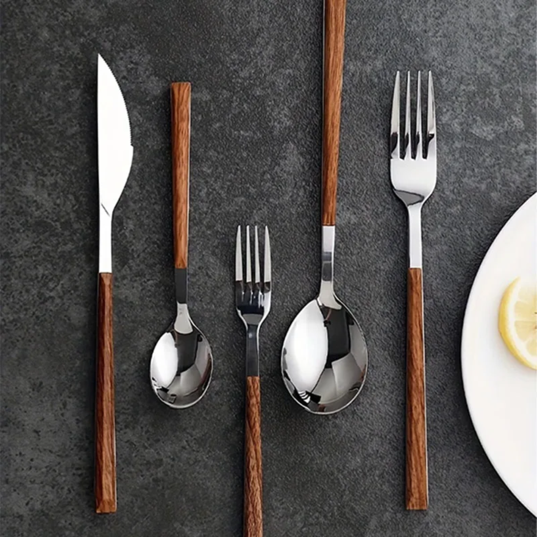 24 Pcs Silver Cutlery Set With Marroon Handle