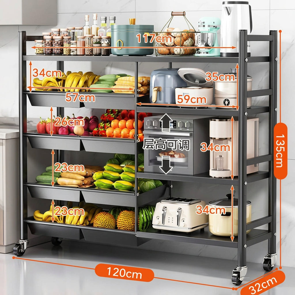 Black Metal Kitchen Storage Rack with Lockable Wheels, 120 × 32 × 135cm