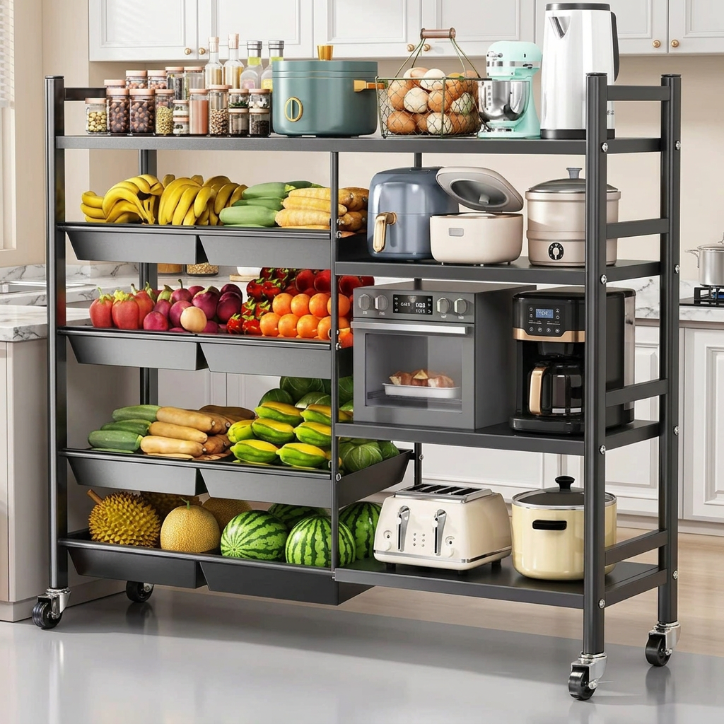 Black Metal Kitchen Storage Rack with Movable and Lockable Wheels, 120 × 32 × 135cm, for Kitchen Organisation available in Nairobi, Kenya