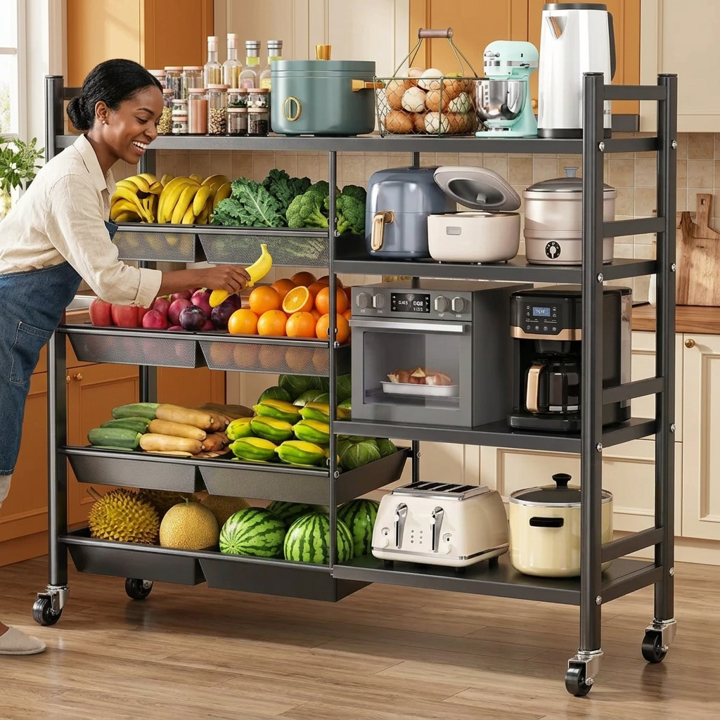 Black Metal Kitchen Storage Rack with Lockable Wheels, 120 × 32 × 135cm