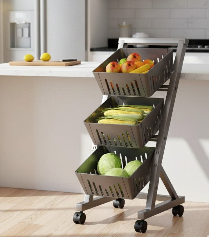 Three-tier steel vegetable and fruit rack with lockable wheels