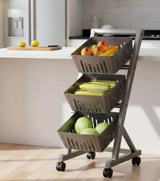 Three-tier steel vegetable and fruit rack with lockable wheels