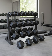 Black rubber coated hexagon dumbbell with chrome handle available in 5kg and 10kg