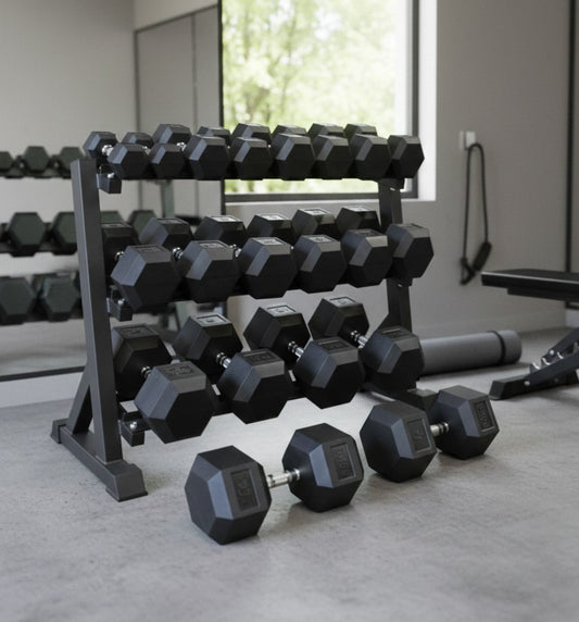 Black rubber coated hexagon dumbbell with chrome handle available in 5kg and 10kg