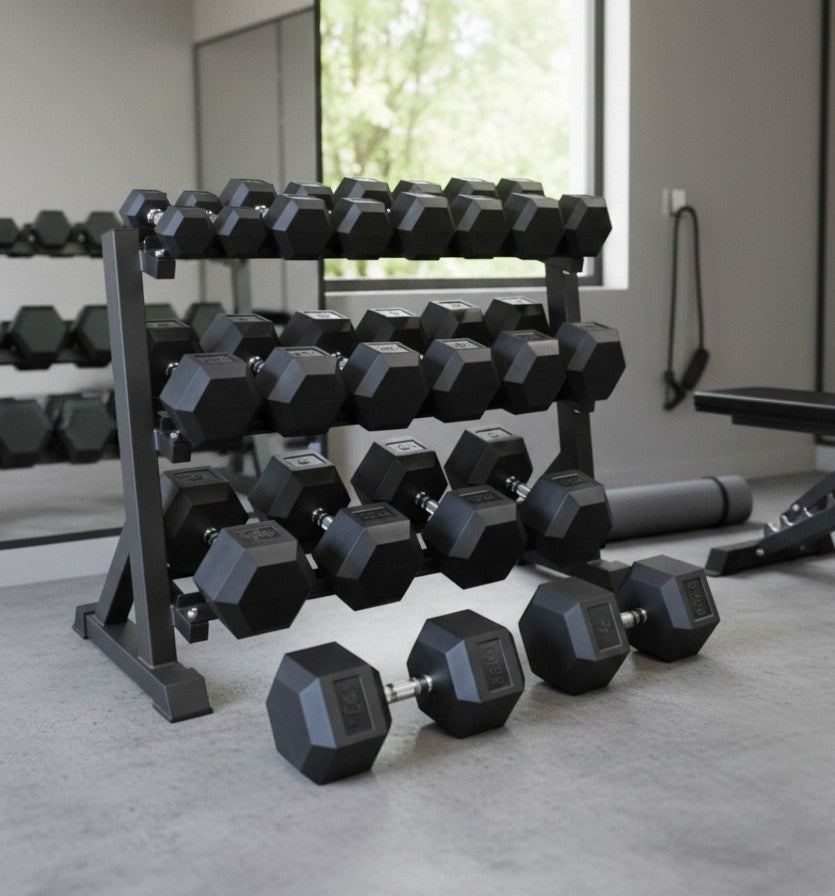 Black rubber coated hexagon dumbbell with chrome handle available in 5kg and 10kg