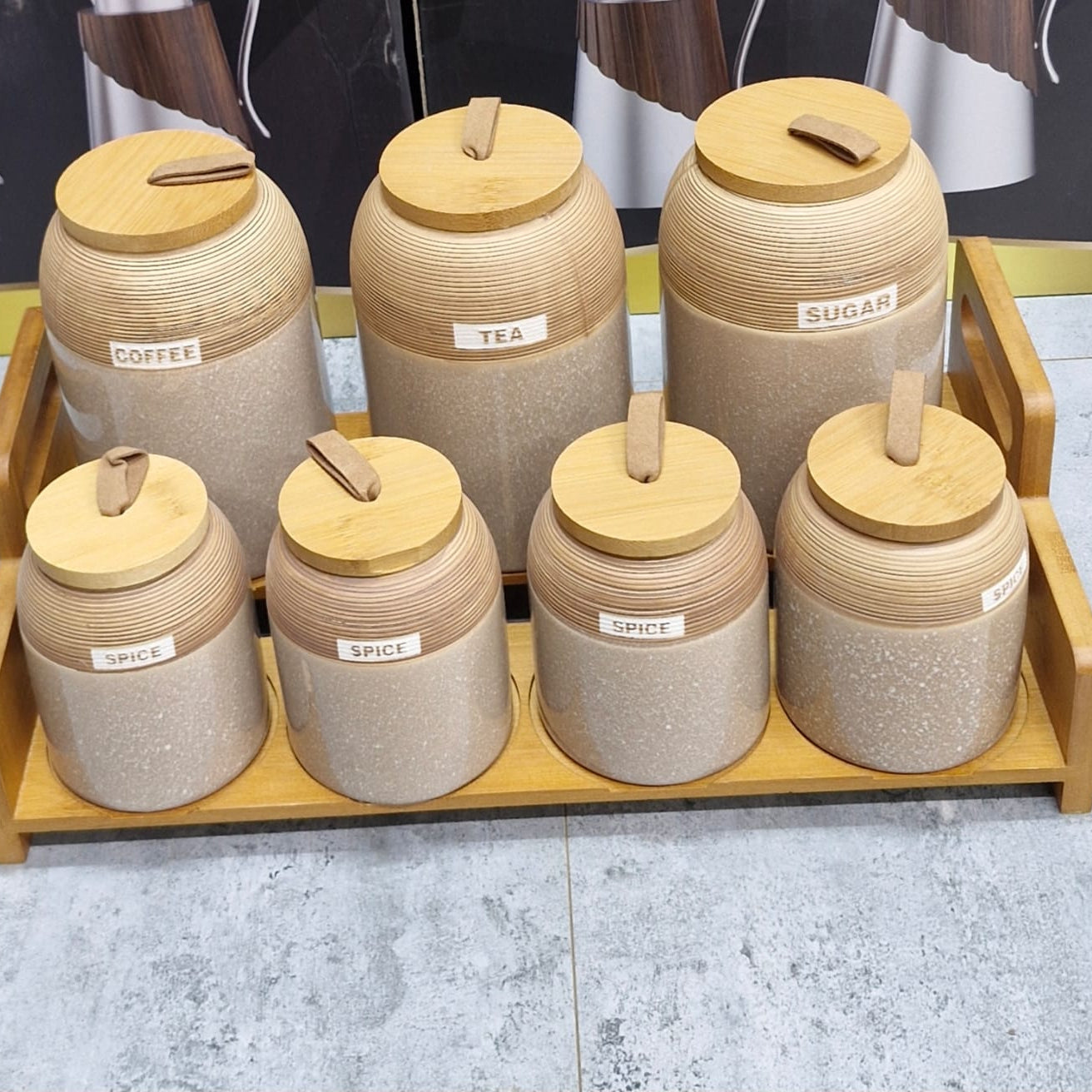 Piece Speckled Ceramic Spice Jar Set with Wooden Stand