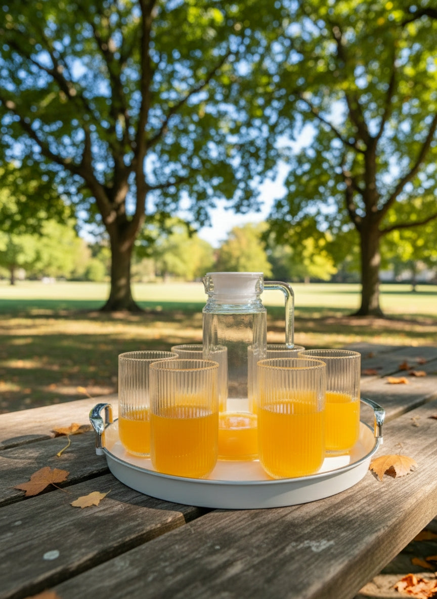 Ribbed glass cups and glass jug beverage serving set