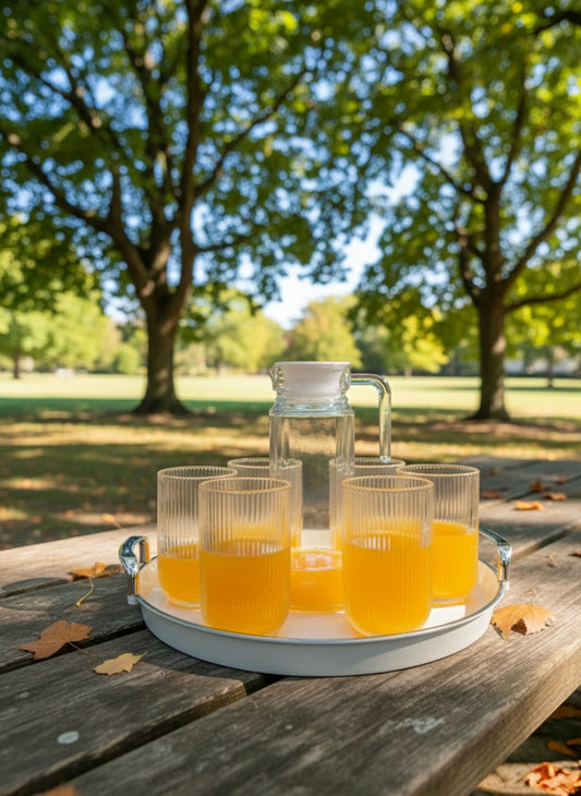 Ribbed glass cups and glass jug beverage serving set