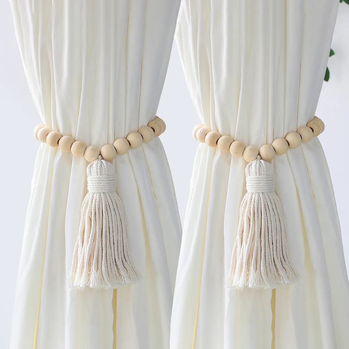 Macrame curtain tiebacks with wooden beads in boho home décor style pair