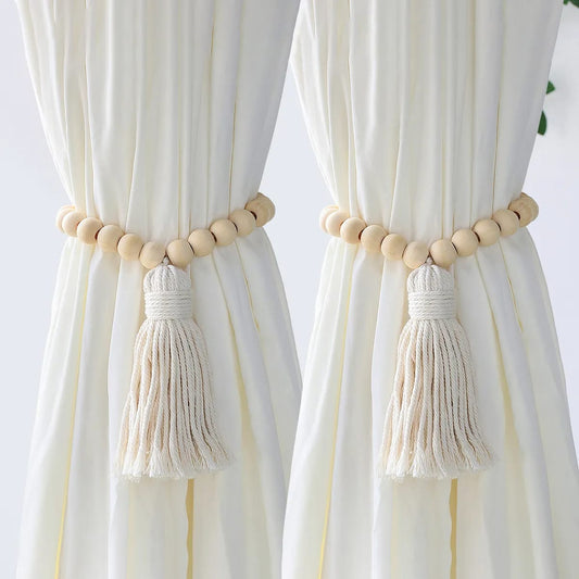 Macrame curtain tiebacks with wooden beads in boho home décor style pair