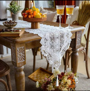 White lace table runner with handmade embroidered floral pattern, size 35 × 210 cm.