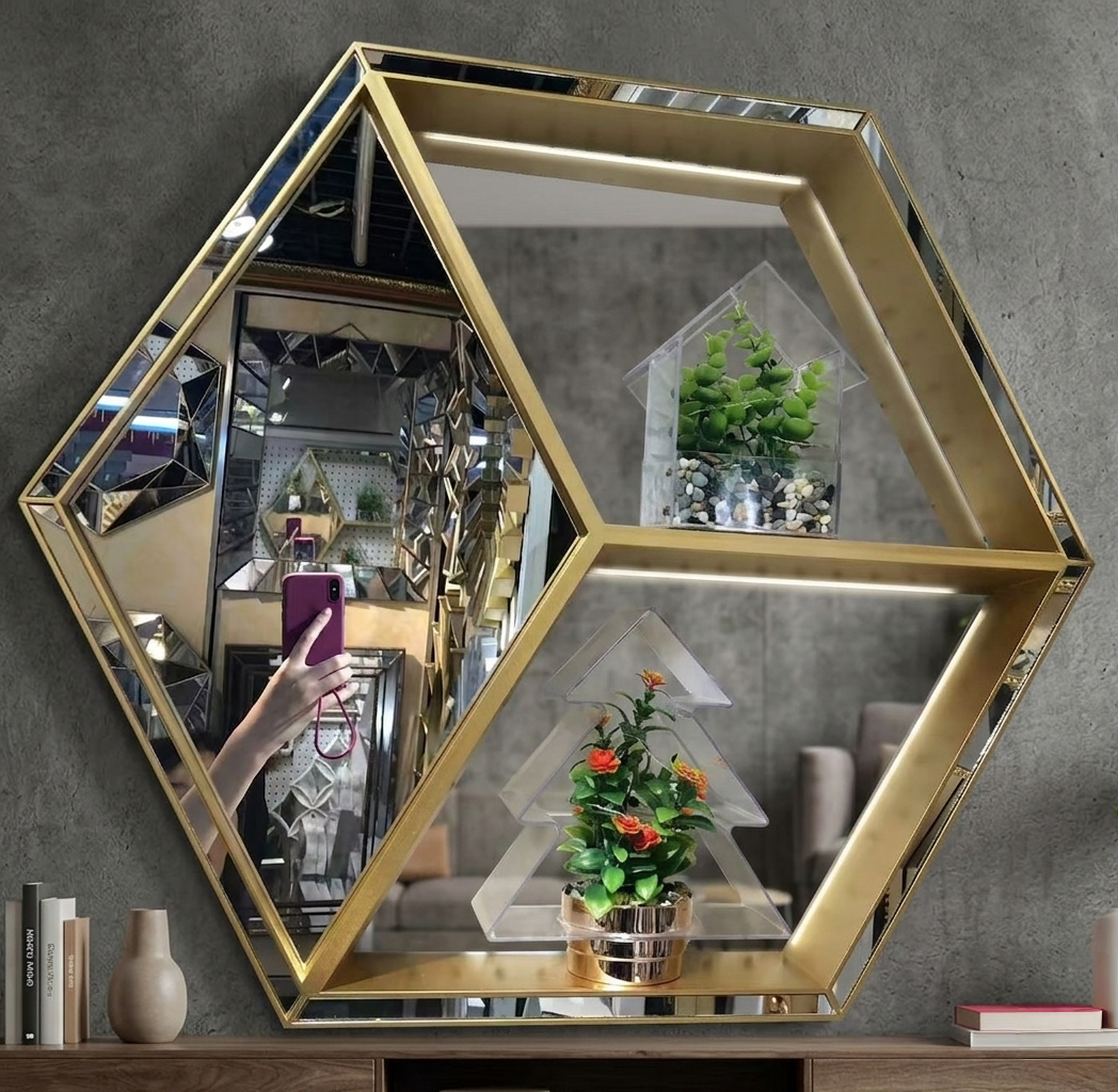 Gold hexagon wall mirror with built in display shelves for elegant home and office décor