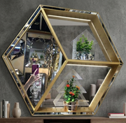 Gold hexagon wall mirror with built in display shelves for elegant home and office décor