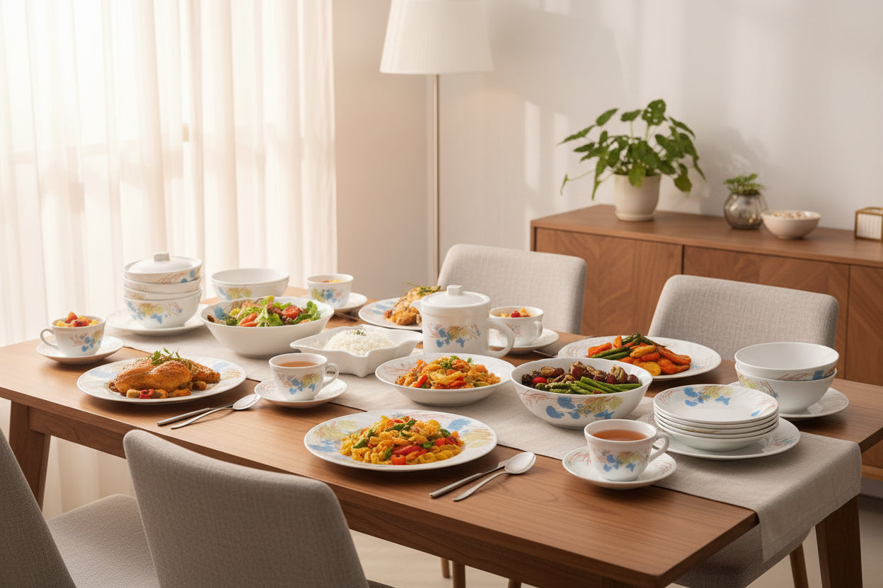 58 Piece ceramic dinner set with complete plates, bowls, and tea set for home dining