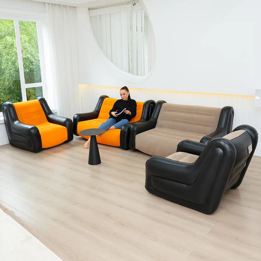 Inflatable two seater sofa with armrests, portable PVC design with free pump, suitable for indoor and outdoor use.