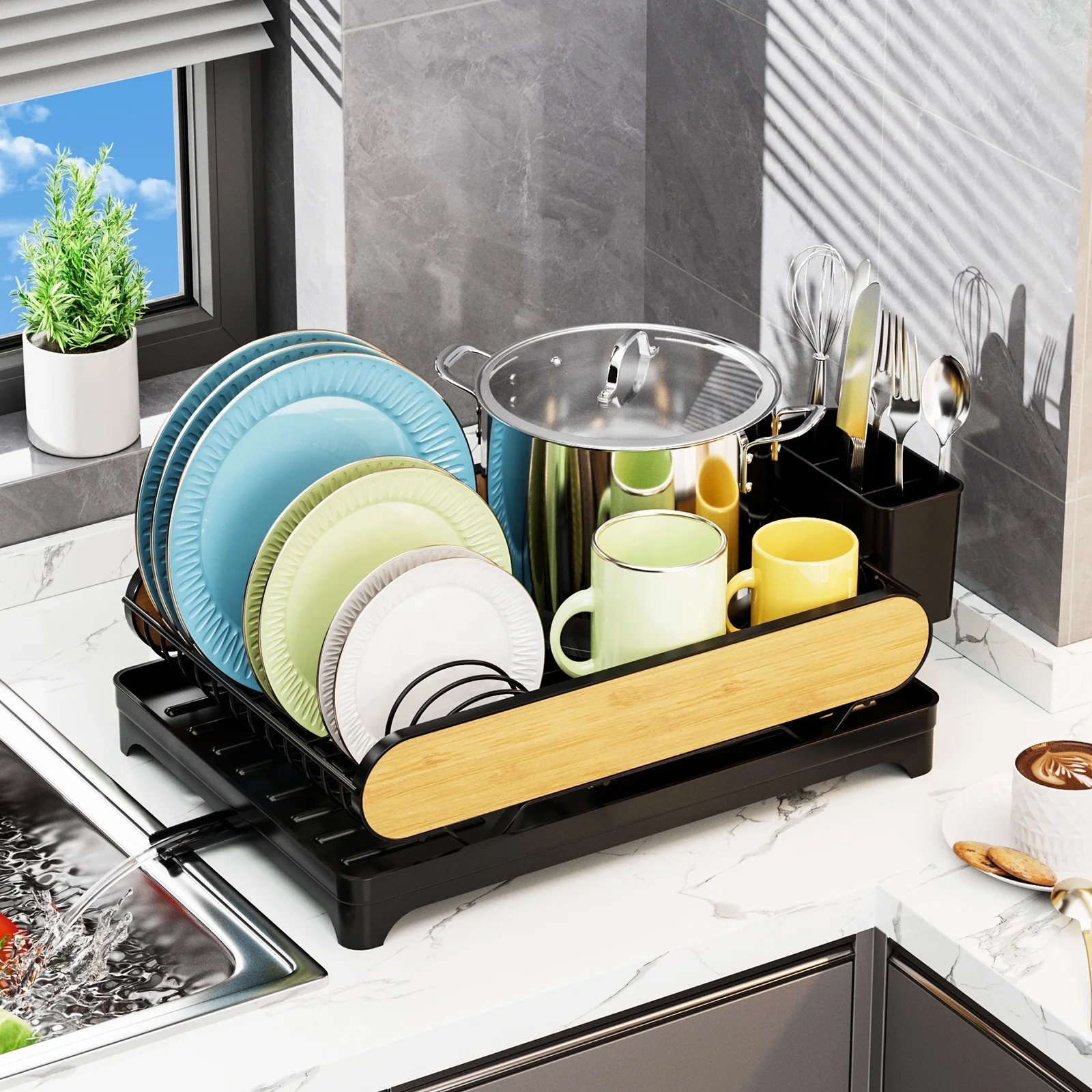 Compact Dish Drying Rack with Drainage Tray