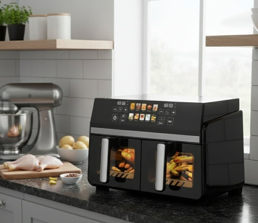 Dual stack air fryer with two 6 liter compartments and LED touch display