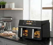 Dual stack air fryer with two 6 liter compartments and LED touch display