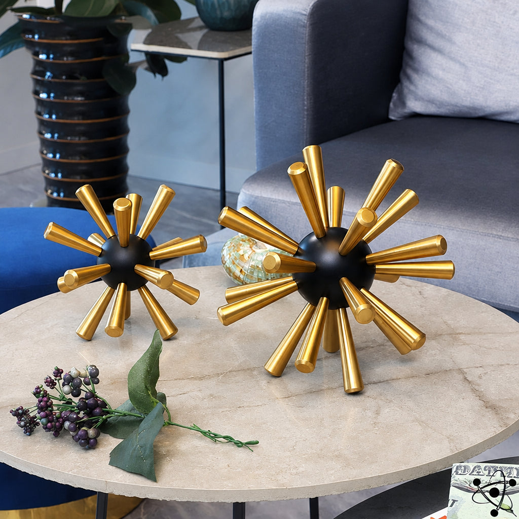 Gold and Black Metal Thorn Ball Tabletop Decorative Sculpture
