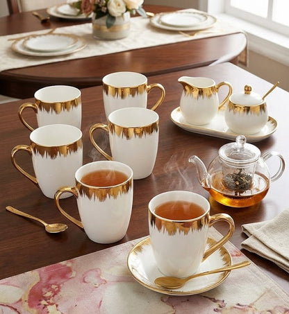 Set of 6 white ceramic tea mugs with gold detailing, 350 ml capacity, elegant drinkware for tea or coffee. 