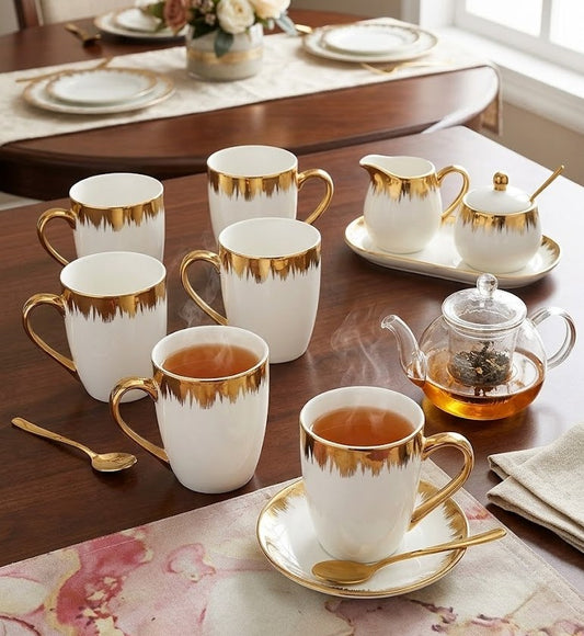 Set of 6 white ceramic tea mugs with gold detailing, 350 ml capacity, elegant drinkware for tea or coffee. 