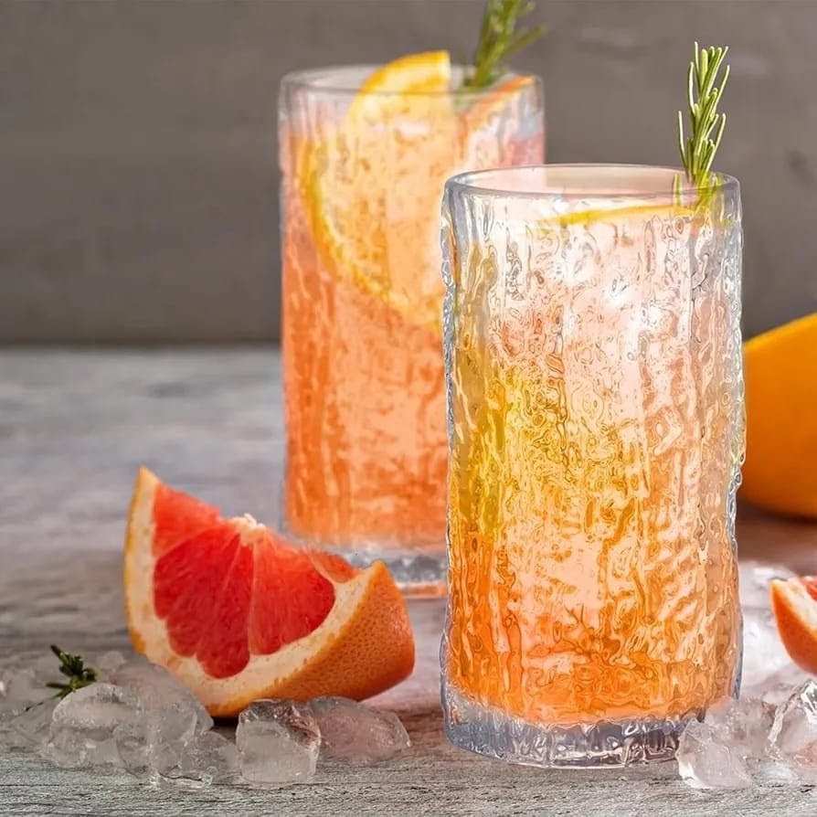 Set of 6 ice texture crystal glasses made from durable glass with 350 ml capacity for serving beverages. 