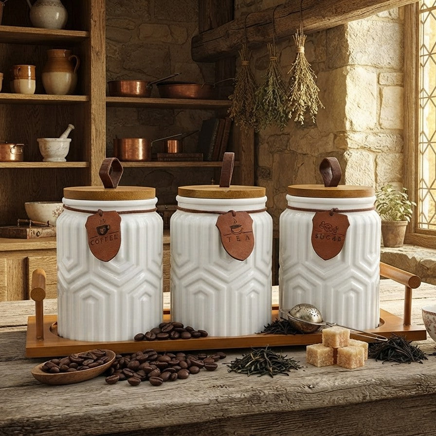 3 Piece Ceramic Canister Set with Wooden Tray