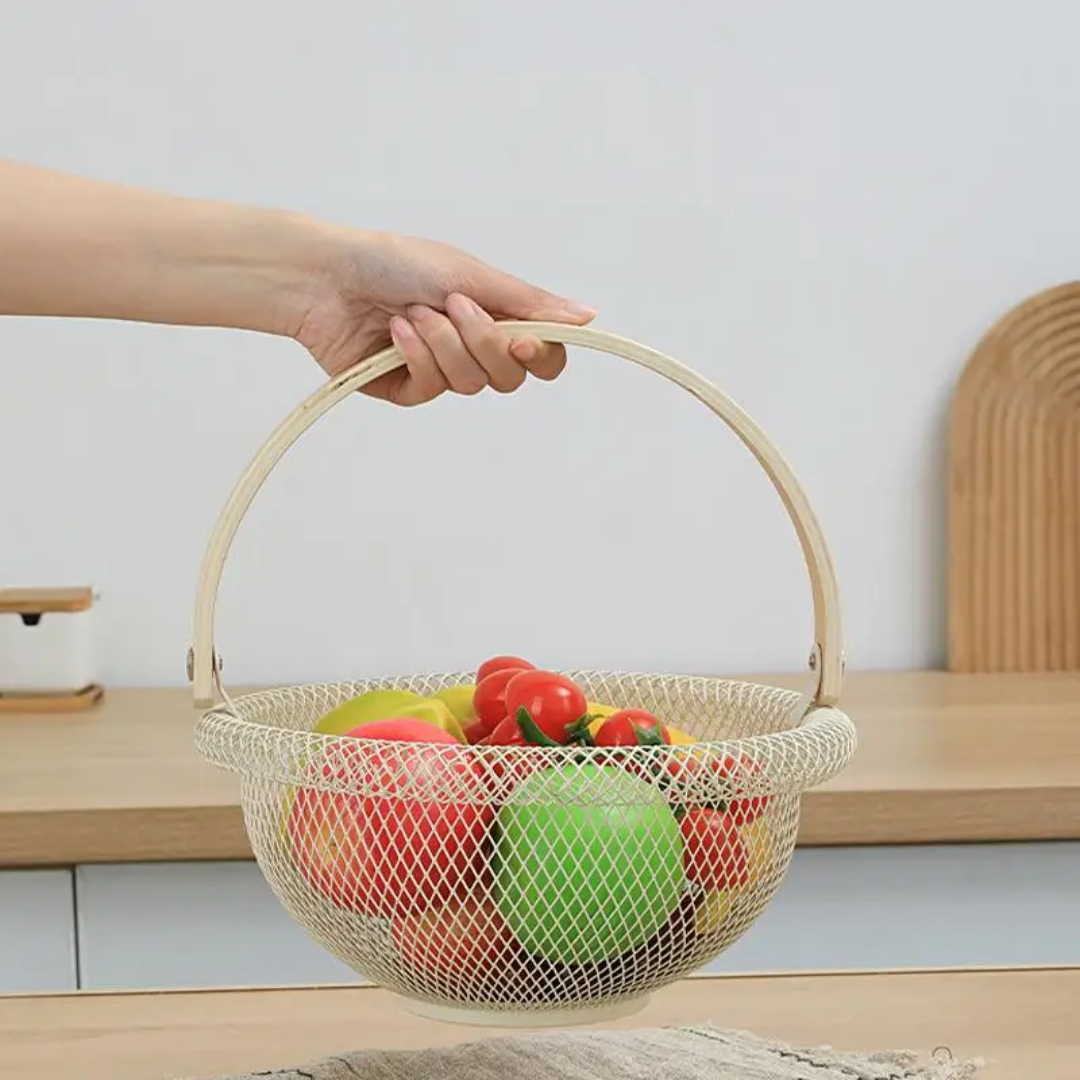 29cm Rounded Mesh Fruit Basket With Bamboo Handle