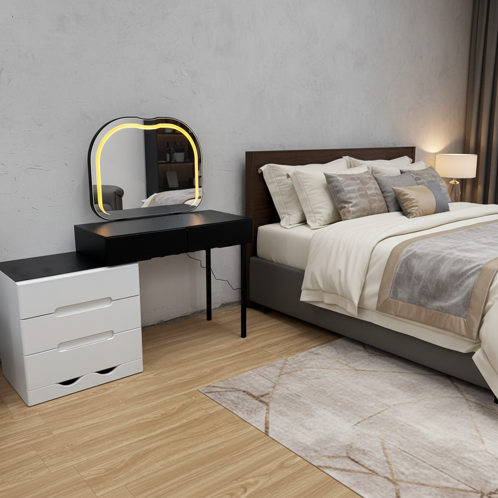 Black vanity dressing table with LED mirror, two drawers, and detachable white three-drawer storage cabinet.