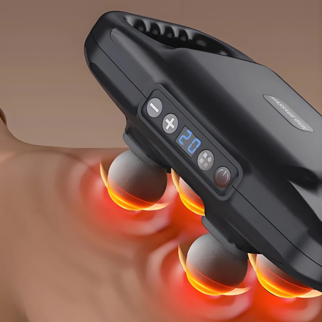 4-head deep tissue massager in black, high-power percussion device for full body muscle relief and relaxation.