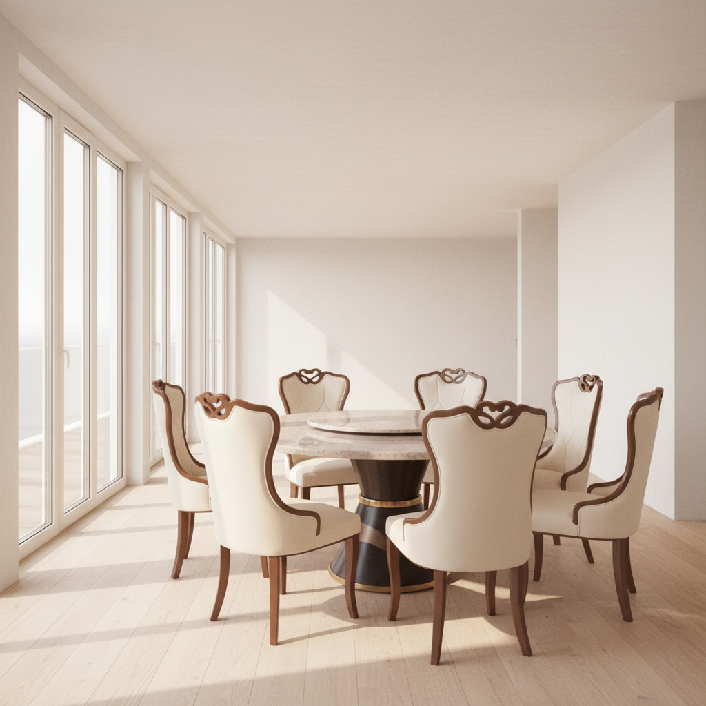Round Marble Dining Table with Lazy Susan and 6 Upholstered Chairs