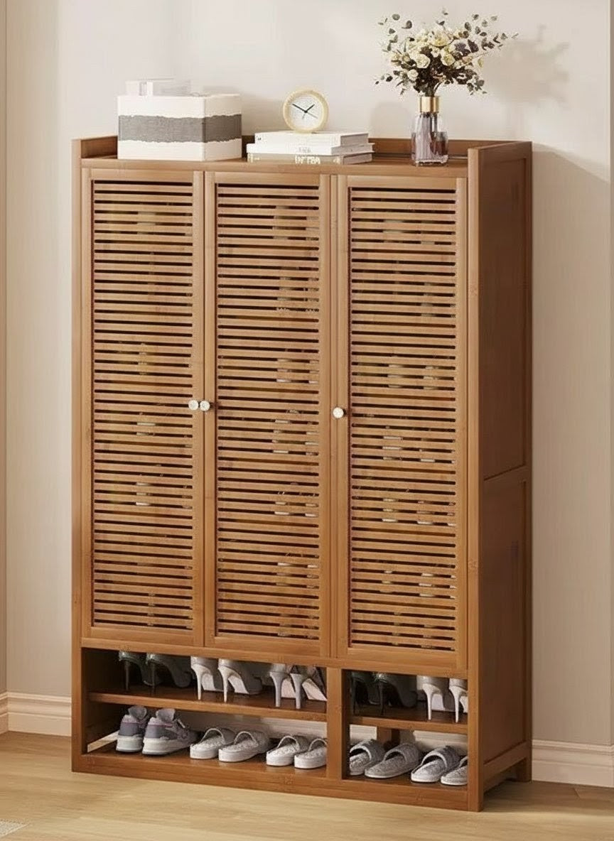 10 tier bamboo shoe cabinet with slatted doors and open bottom shelves for organized entryway storage