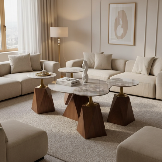2 in 1 Marble Top Nesting Coffee Table Set with Brown Finish Base