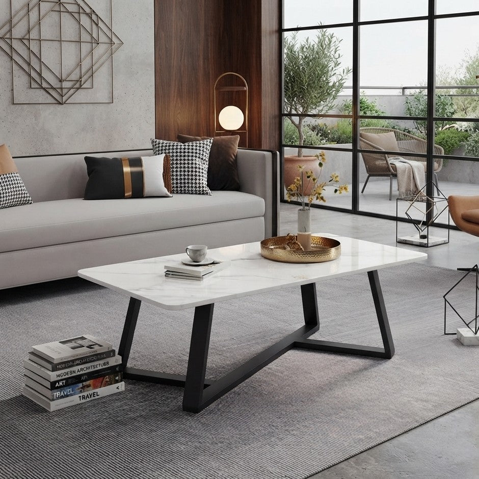 Marble Top Coffee Table with Black Metal Frame