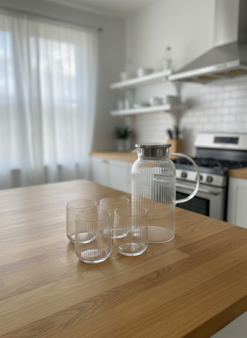 5-piece Clear glass teapot with four matching glass cups.