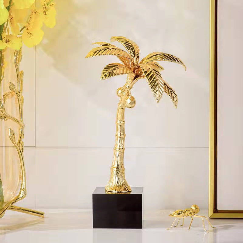 Gold palm tree decorative sculpture with marble base for luxury home or office décor