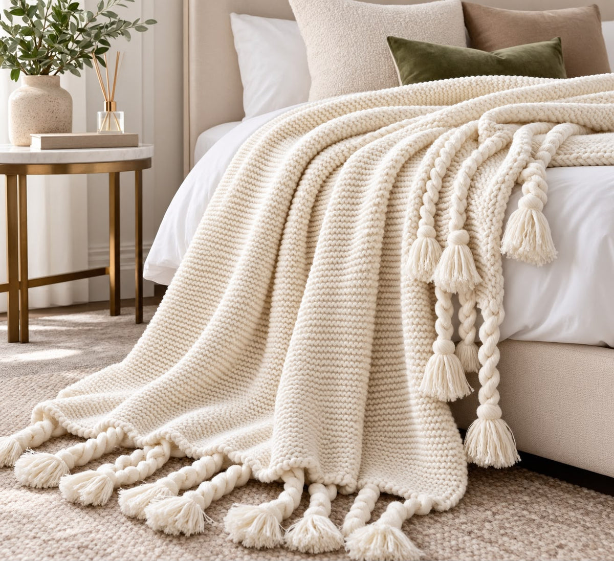 150 × 200cm Chunky Knitted Throw Blanket with Braided Tassels