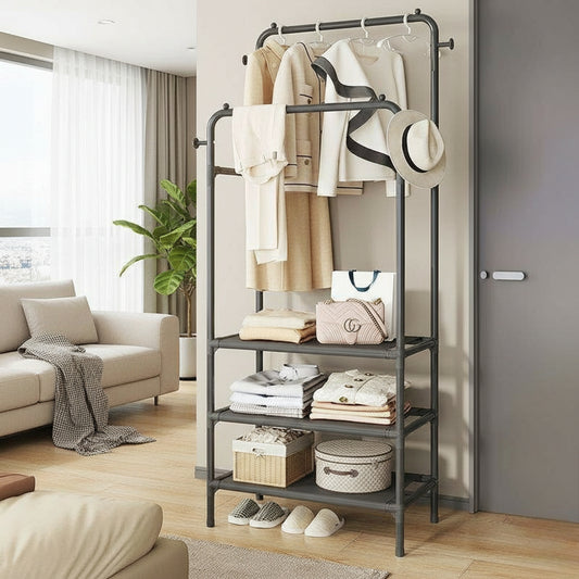 Double clothing garment rack with three storage shelves and metal frame
