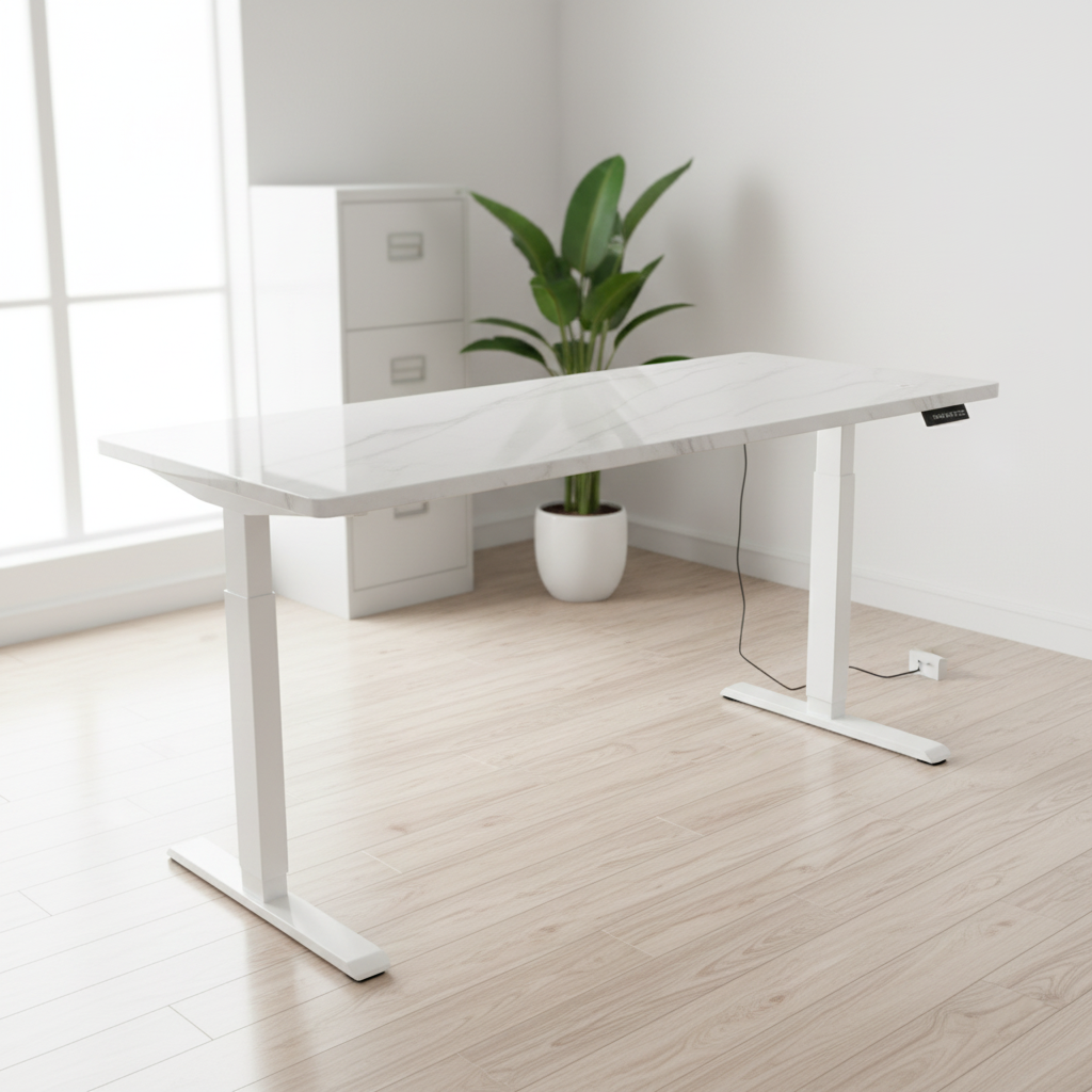 Electric adjustable standing desk in white, black, and brown with height adjustment up to 117 cm for home and office use