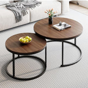 Set of two rustic wooden round nesting tables with sturdy metal frames for living room or bedroom use