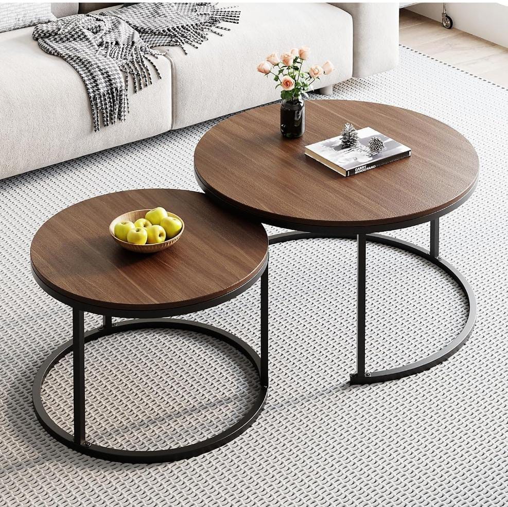 Set of two rustic wooden round nesting tables with sturdy metal frames for living room or bedroom use