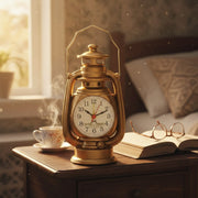 Retro lamp-shaped alarm clock in gold, silver grey, and bronze.